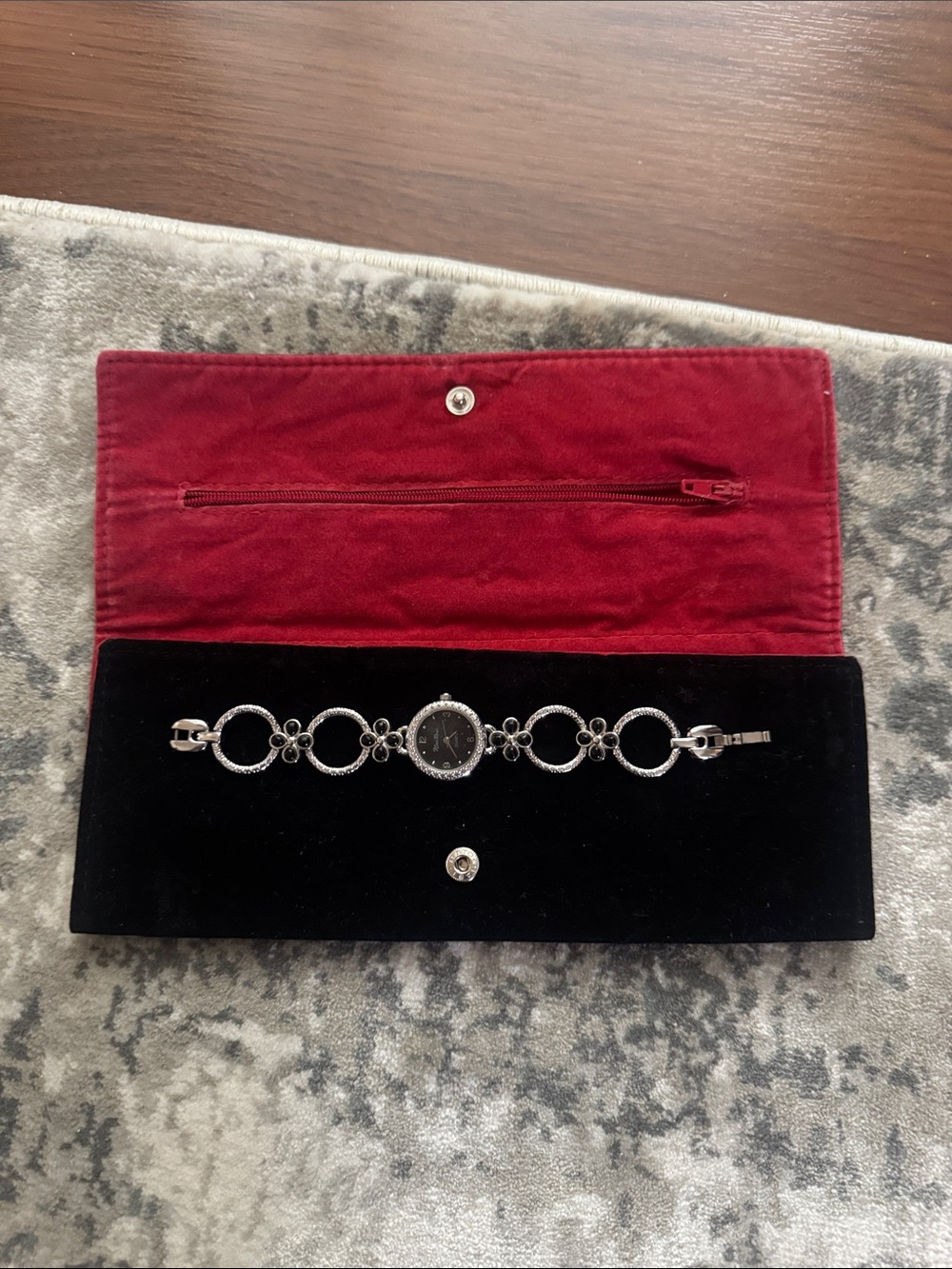 Nina Raye Silver-Tone Floral Link Bracelet Watch in Black